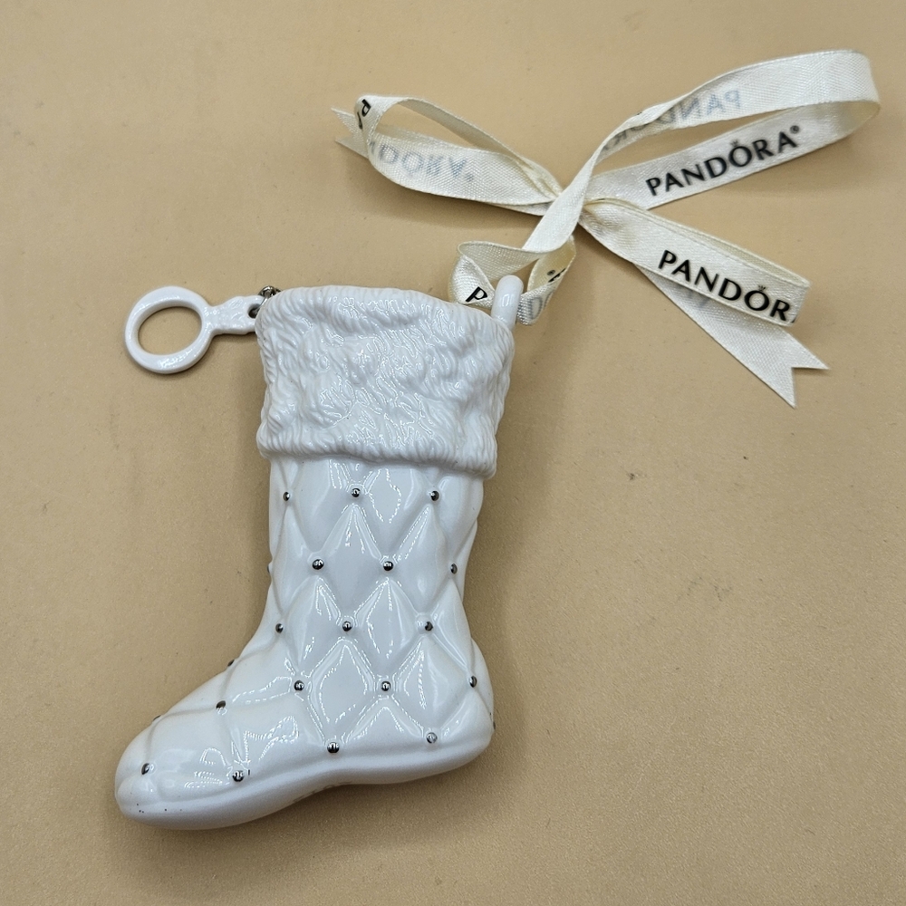 2012 Pandora White PorcelainQuilted Stocking Boot Christmas Ornament 3.25"H